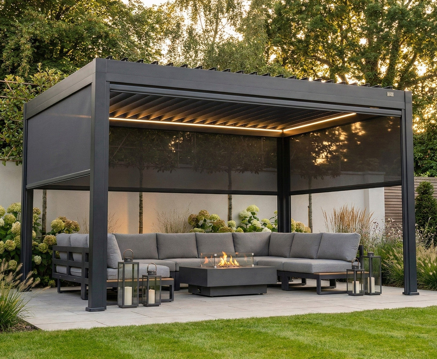 MotaShade™ 3×4m Motorised Aluminium Pergola – Double‑Layer Louvers, LEDs & 3 Windscreens