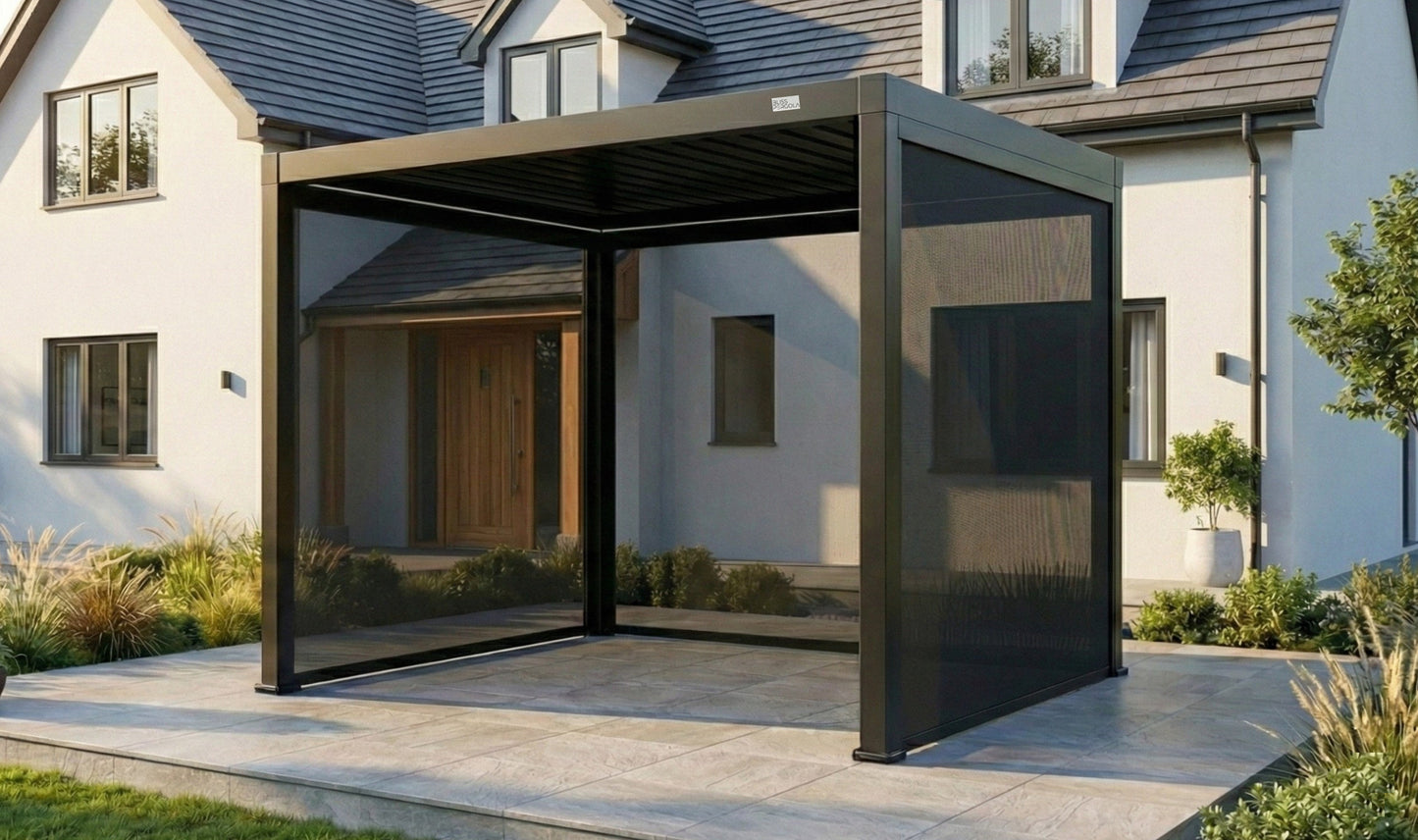 MotaShade™ 3×3m Motorised Aluminium Pergola – Double‑Layer Louvers, LEDs & 3 Windscreens