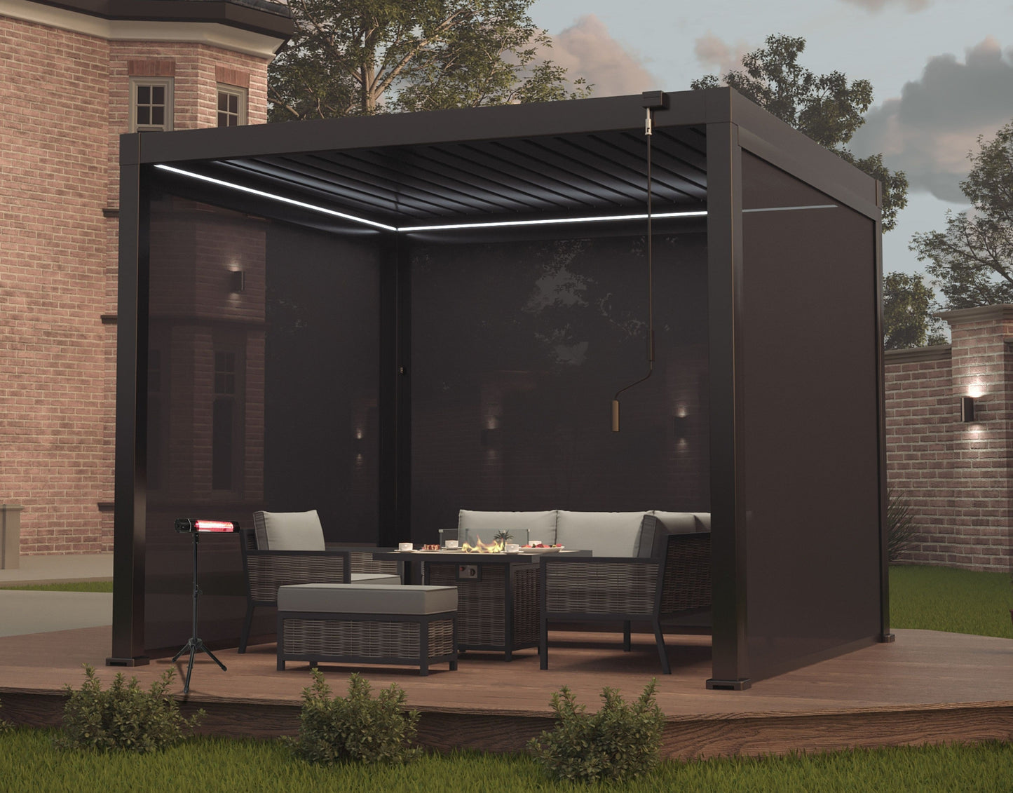 LuxShade™ 3×3m Aluminium Pergola with LEDs, Double-Layered Louvred Roof & 3 Blinds