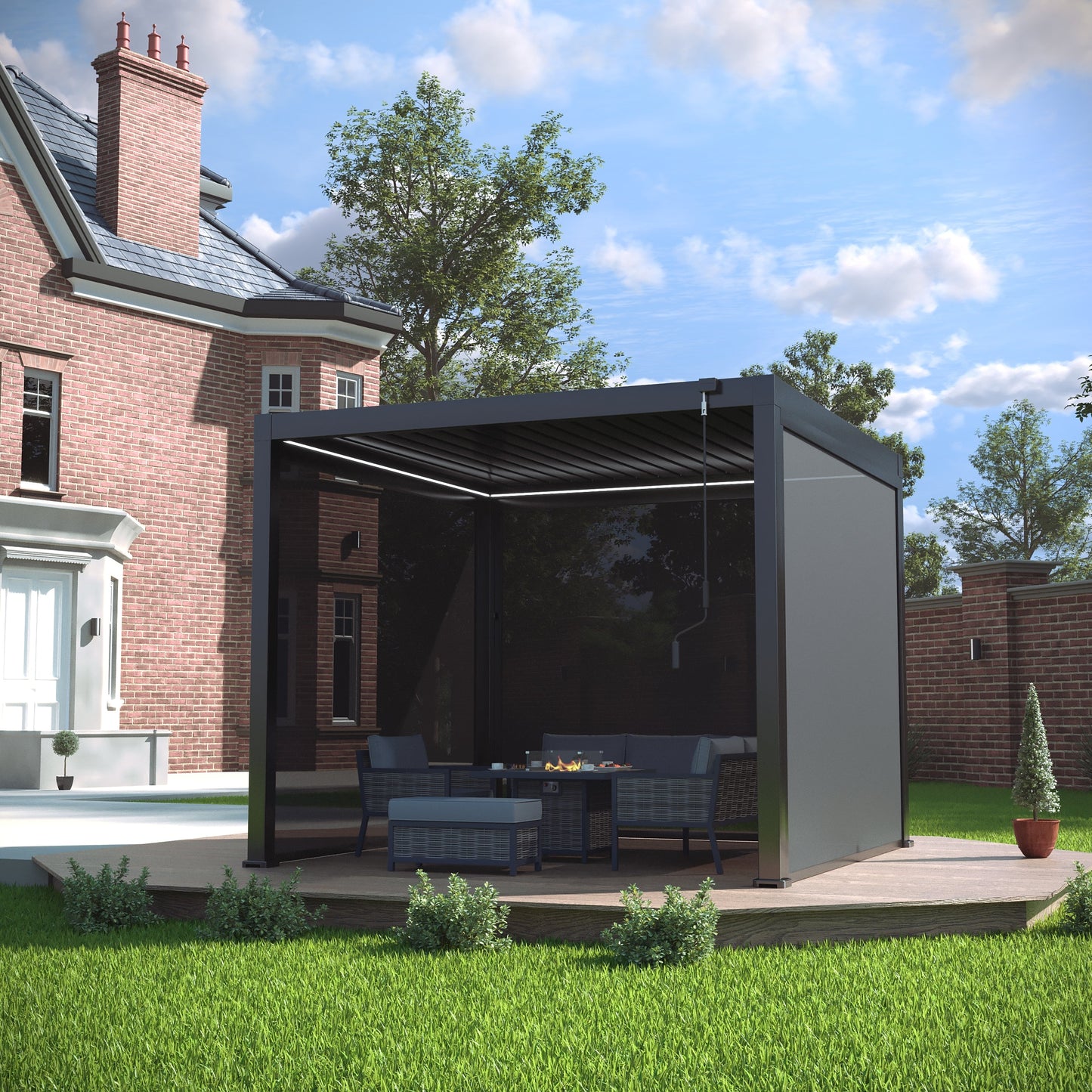 LuxShade™ 3×3m Aluminium Pergola with LEDs, Double-Layered Louvred Roof & 3 Blinds