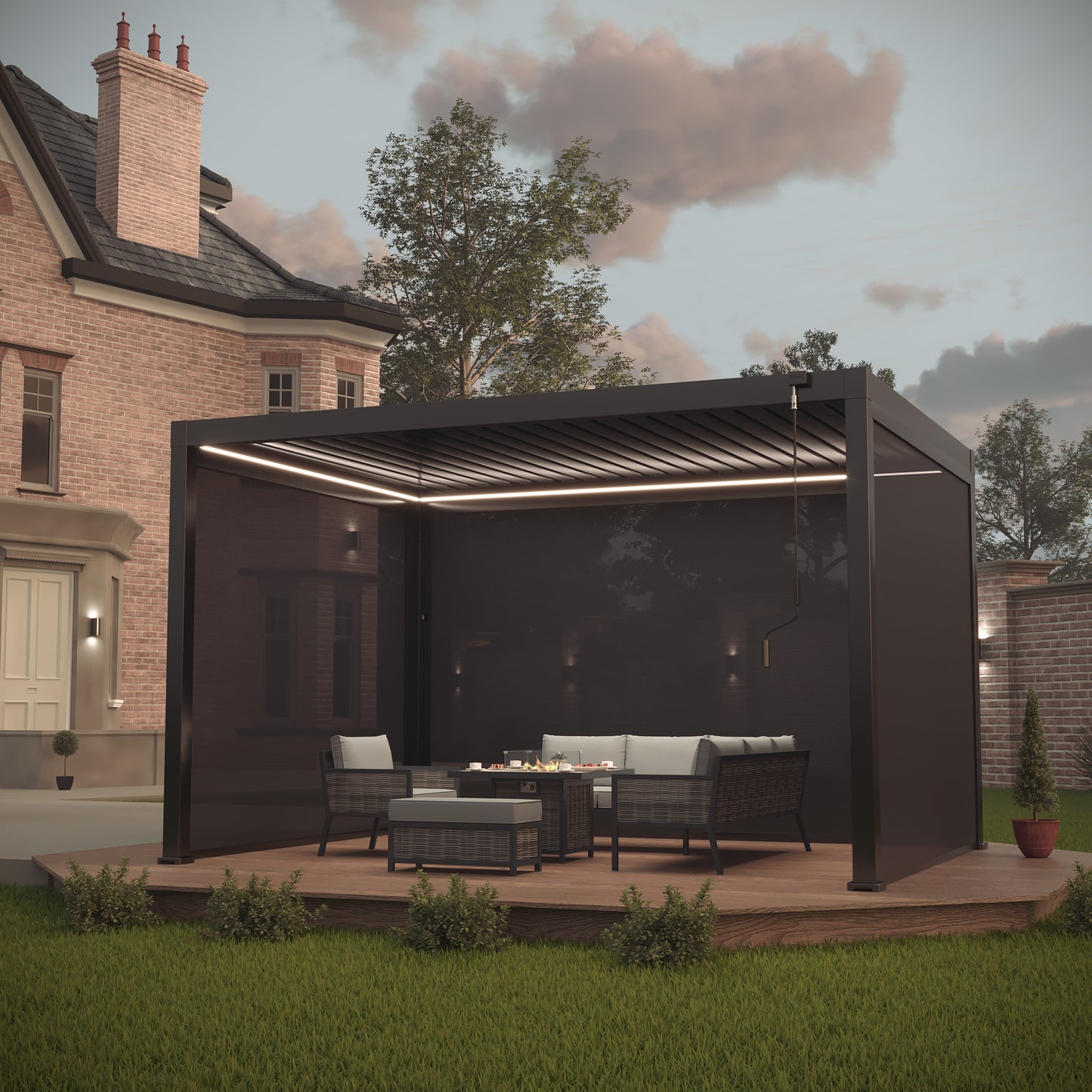Heavy Duty Grey Aluminium LED Pergola with Double Louvered Roof + Windscreen 3 x 4m