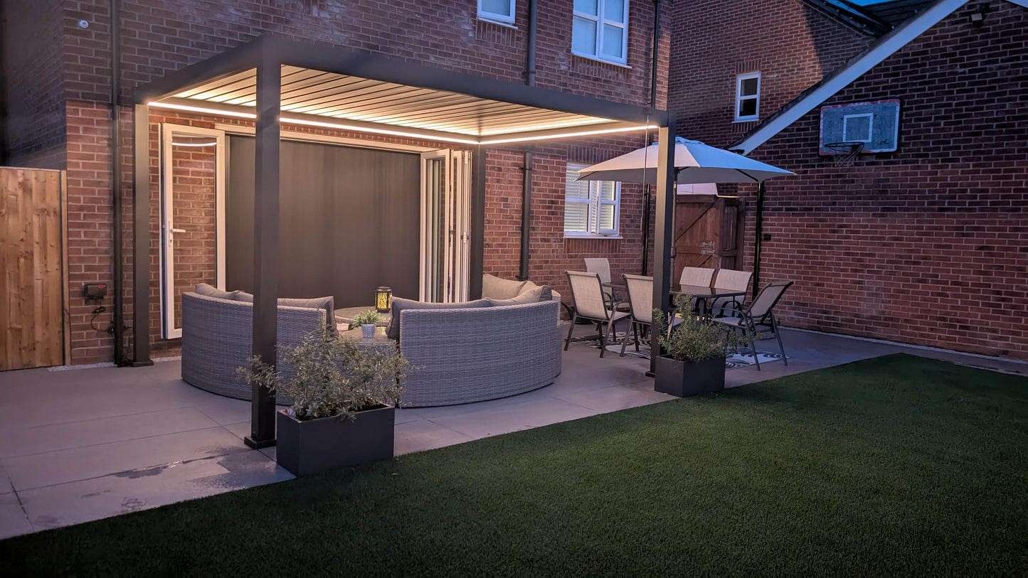 LuxShade™ 3×4m Aluminium Pergola with LEDs, Double-Layered Louvred Roof