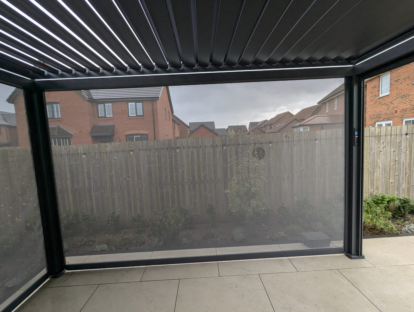 LuxShade™ 3×4m Aluminium Pergola with LEDs, Double-Layered Louvred Roof & 3 Blinds