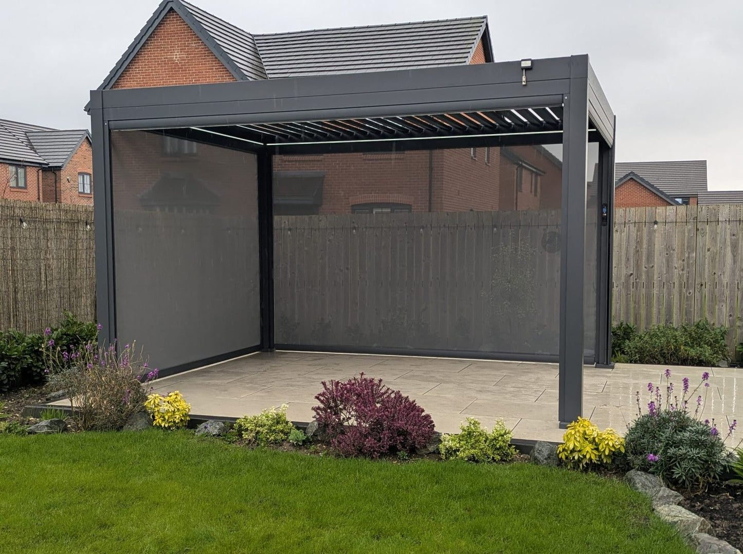 LuxShade™ 3×4m Aluminium Pergola with LEDs, Double-Layered Louvred Roof & 3 Blinds