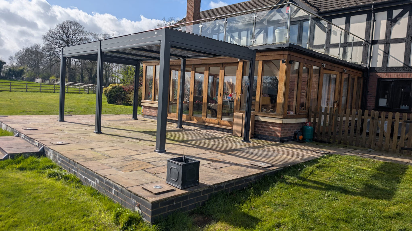 SplitZone™ 3×6m Grey Aluminium Pergola with LEDs, Mid-Beam Louvred Roof