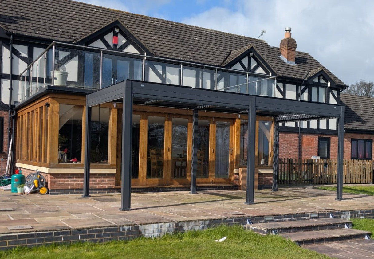 SplitZone™ 3×6m Grey Aluminium Pergola with LEDs, Mid-Beam Louvred Roof & Blinds