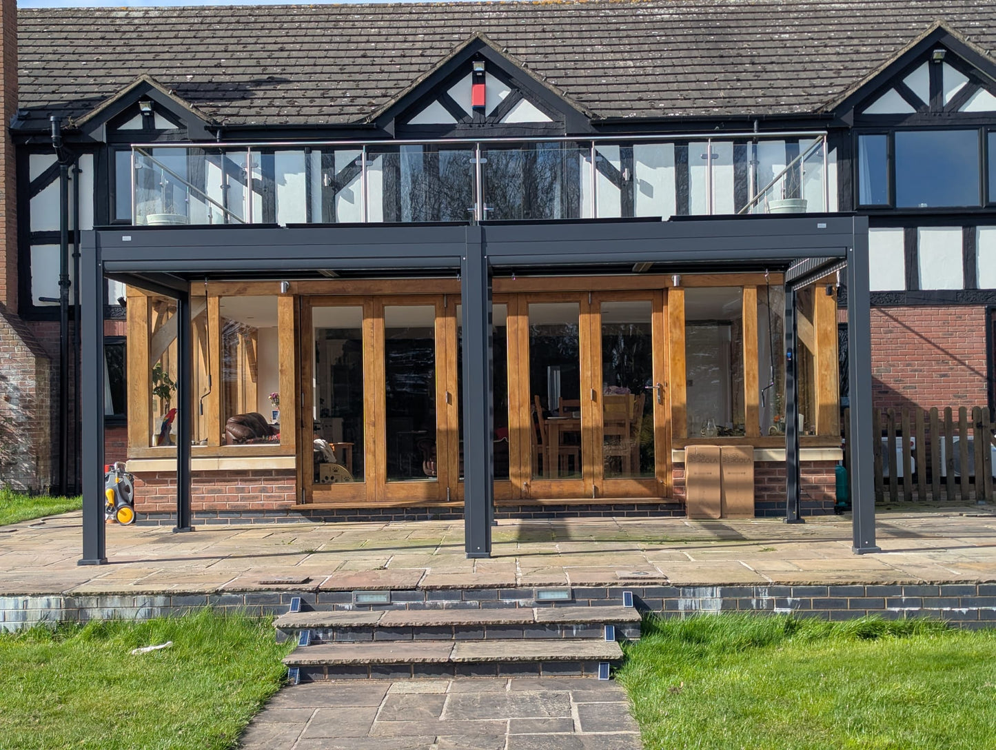 SplitZone™ 3×6m Grey Aluminium Pergola with LEDs, Mid-Beam Louvred Roof & Blinds