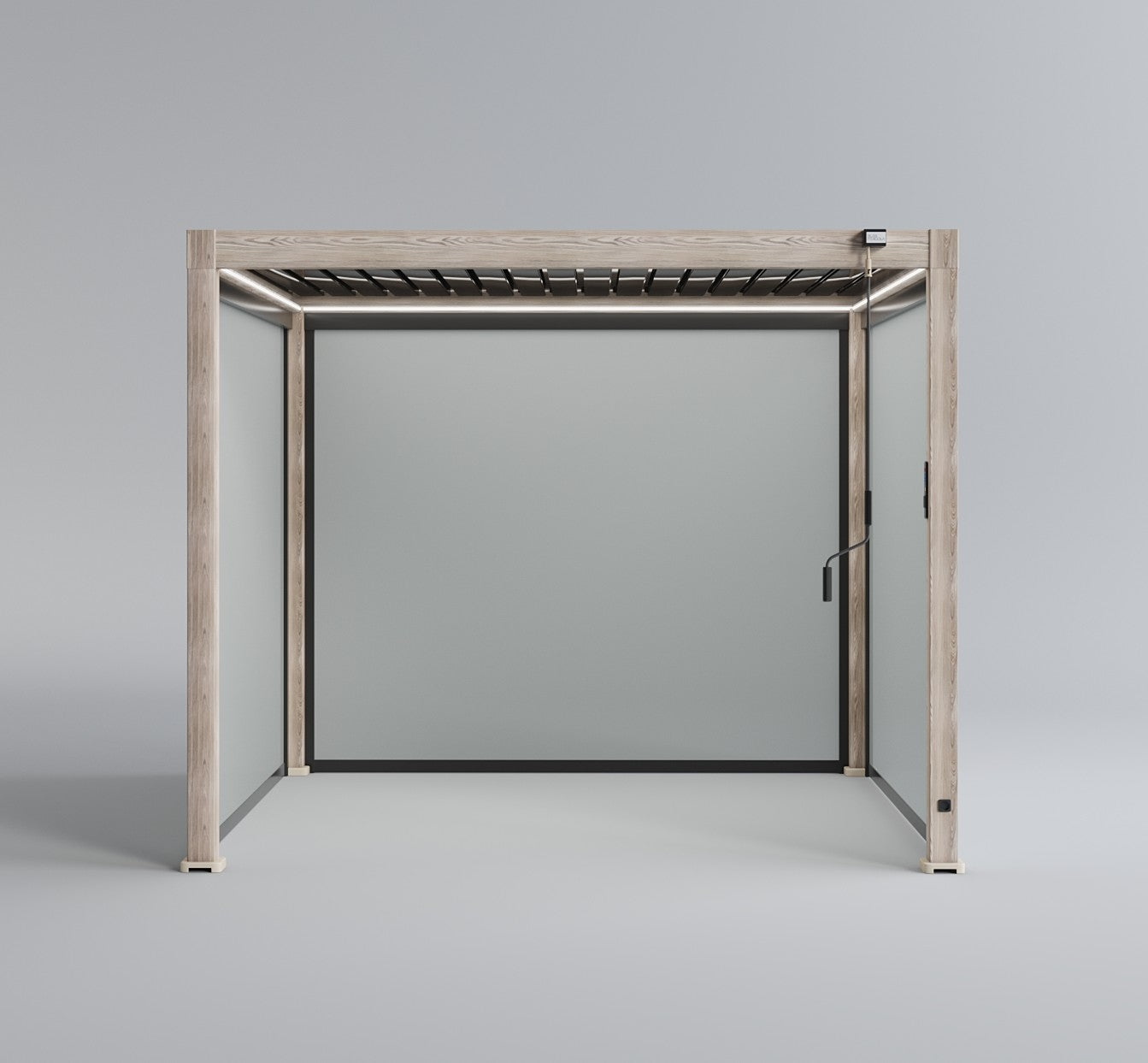 LuxShade™ 3×3m Aluminium Pergola – LEDs, Double-Layer Louvres & 3 Windscreens - Oak Effect