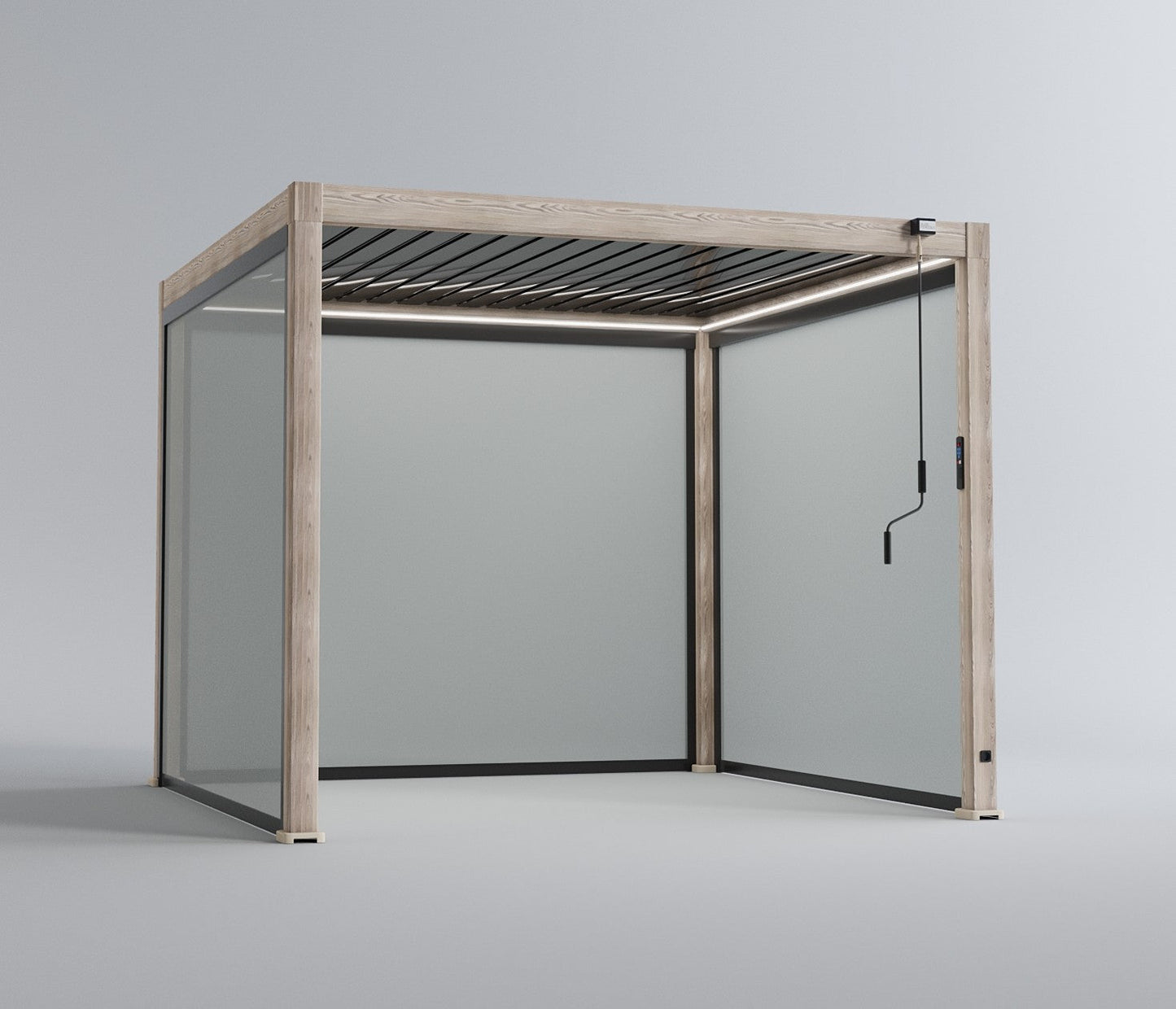 LuxShade™ 3×3m Oak Effect Aluminium Pergola LEDs, Double-Layered Louvred Roof