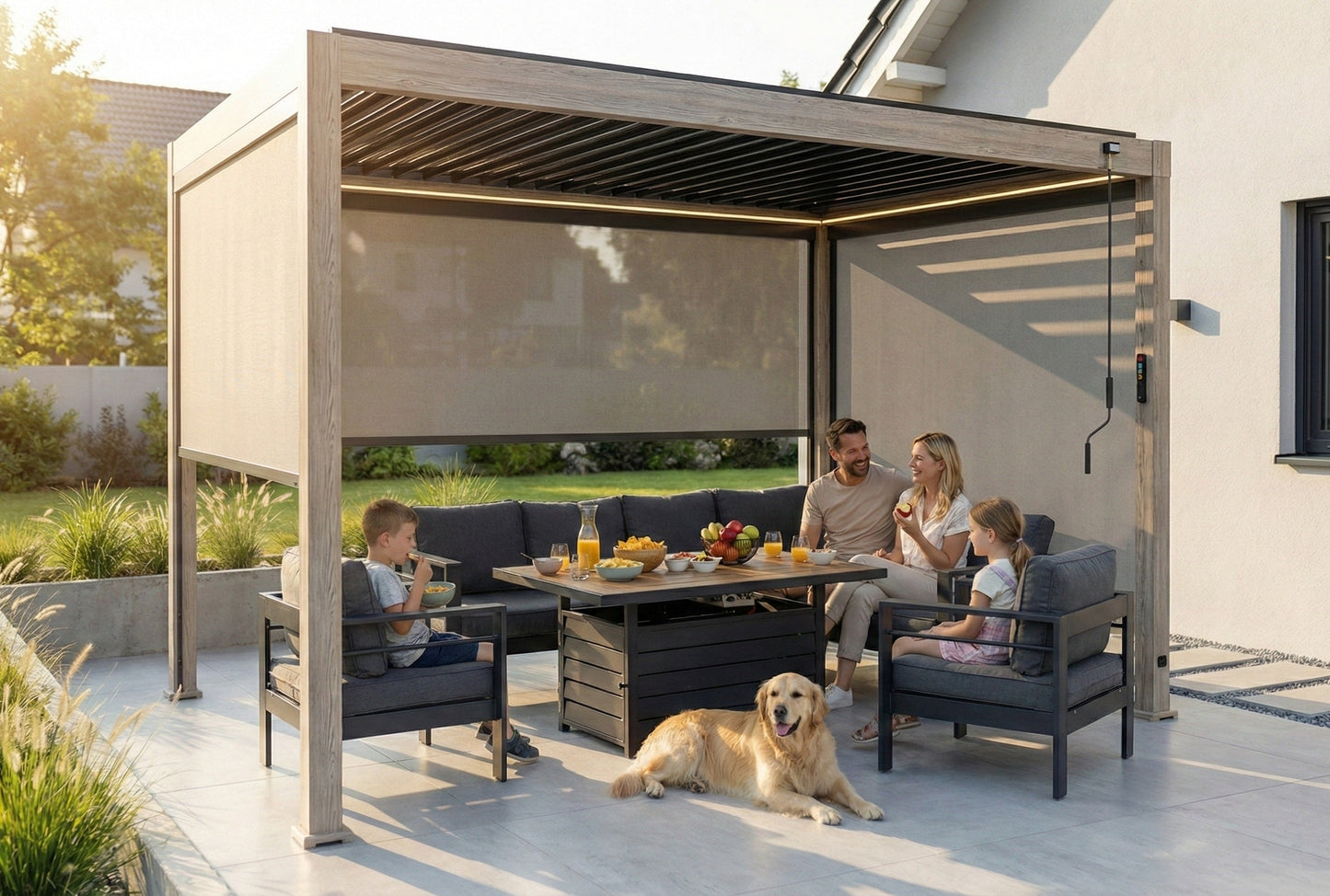 LuxShade™ 3×4m Aluminium Pergola – LEDs, Double-Layer Louvres & 3 Windscreens - Oak Effect