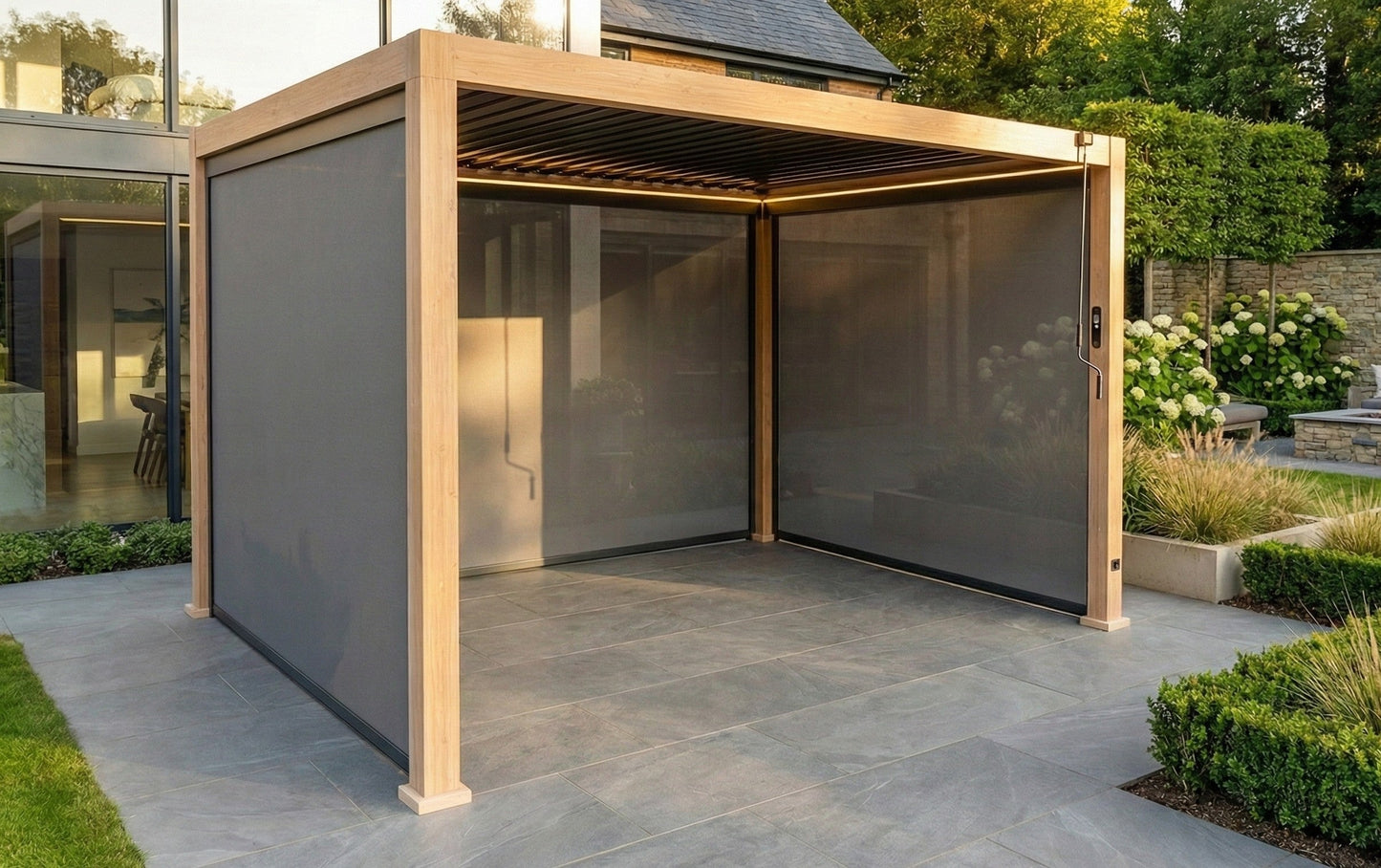LuxShade™ 3×4m Aluminium Pergola – LEDs, Double-Layer Louvres & 3 Windscreens - Oak Effect