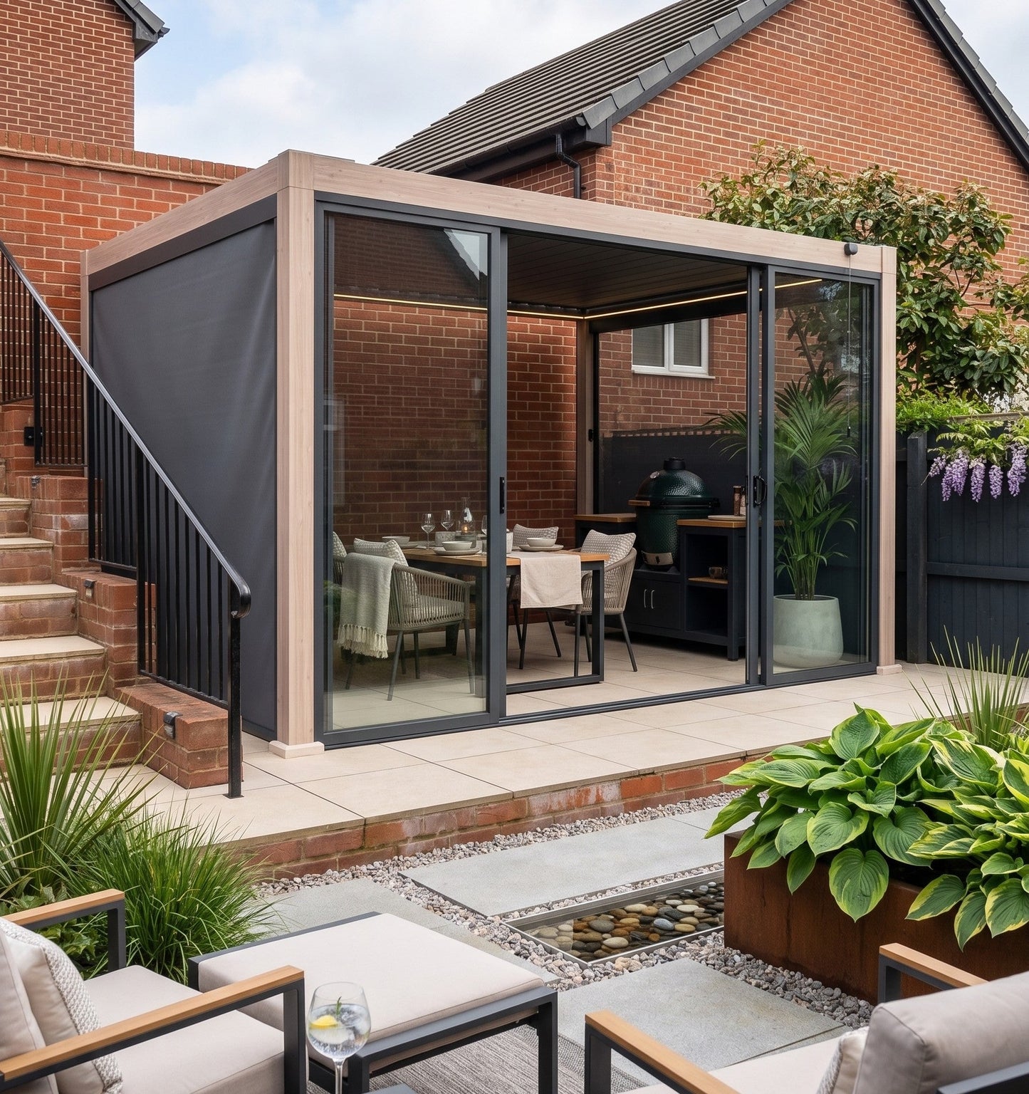 LuxShade™ 3×4m Aluminium Pergola – LEDs, Double-Layer Louvres & 3 Windscreens - Oak Effect