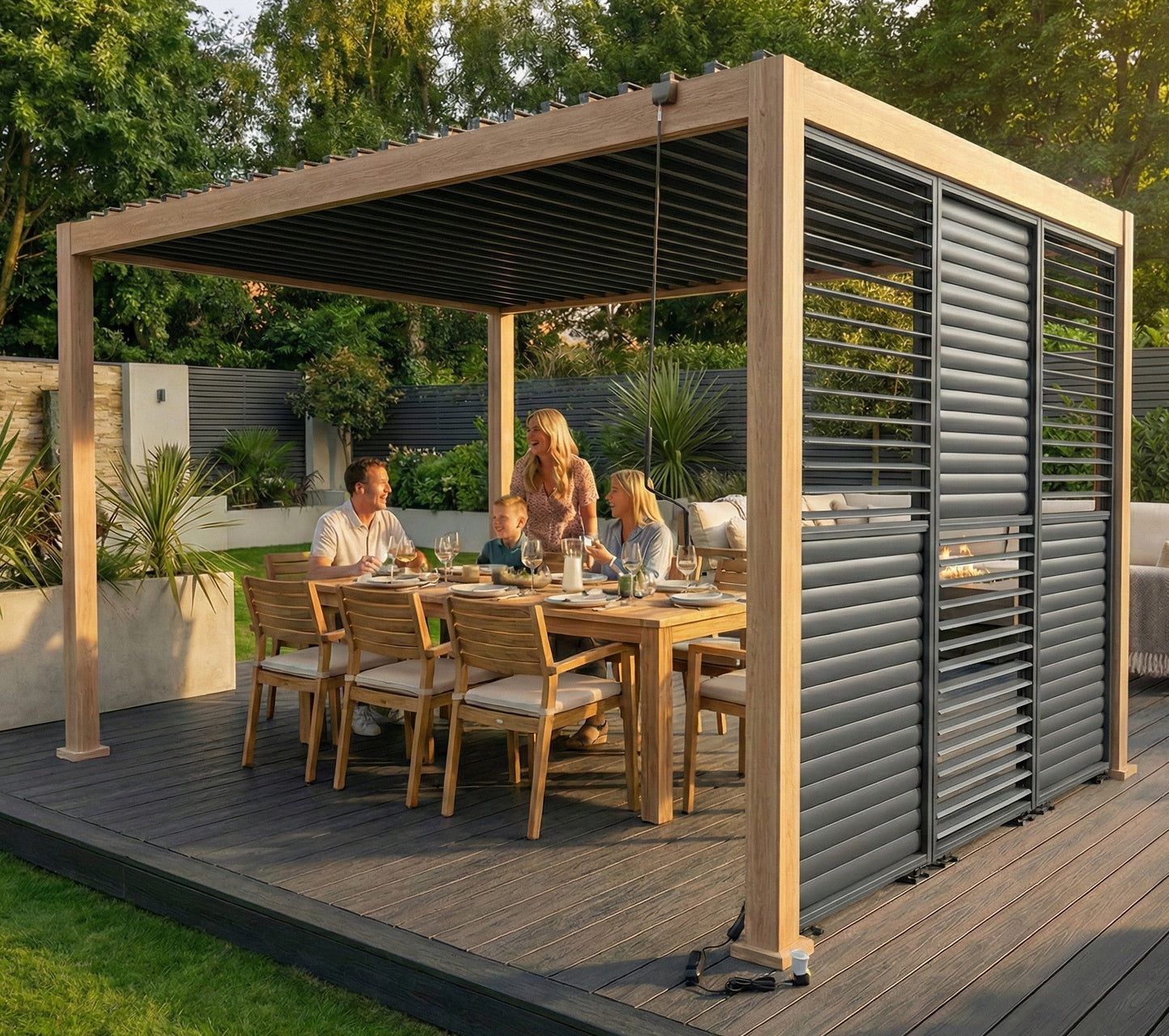 LuxShade™ 3×4m Aluminium Pergola – LEDs, Double-Layer Louvres & 3 Windscreens - Oak Effect
