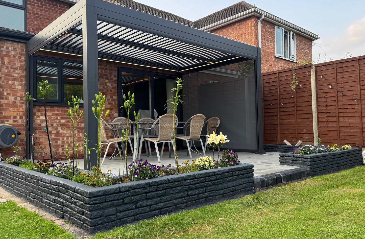 SplitZone™ 3×4m Grey Aluminium Pergola with LEDs, Mid-Beam Louvred Roof + Windscreens