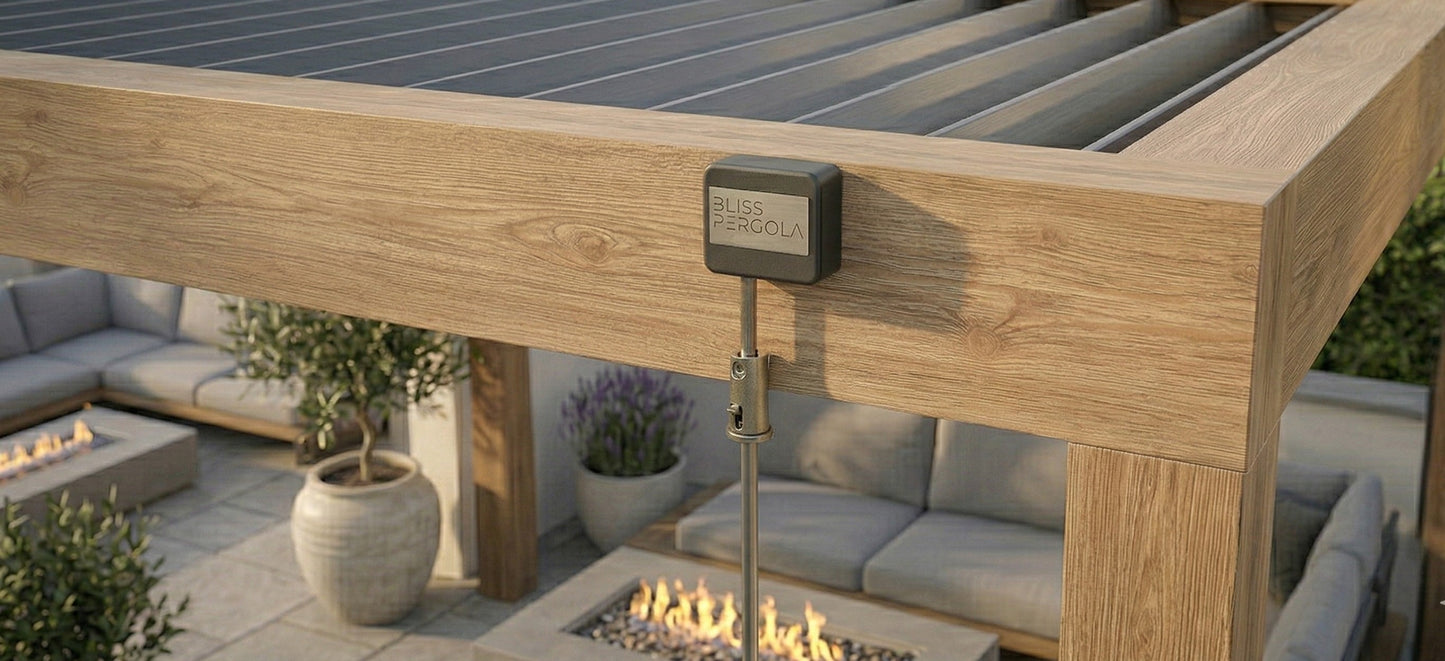 LuxShade™ 3×4m Oak Effect Aluminium Pergola with LEDs, Double-Layered Louvres