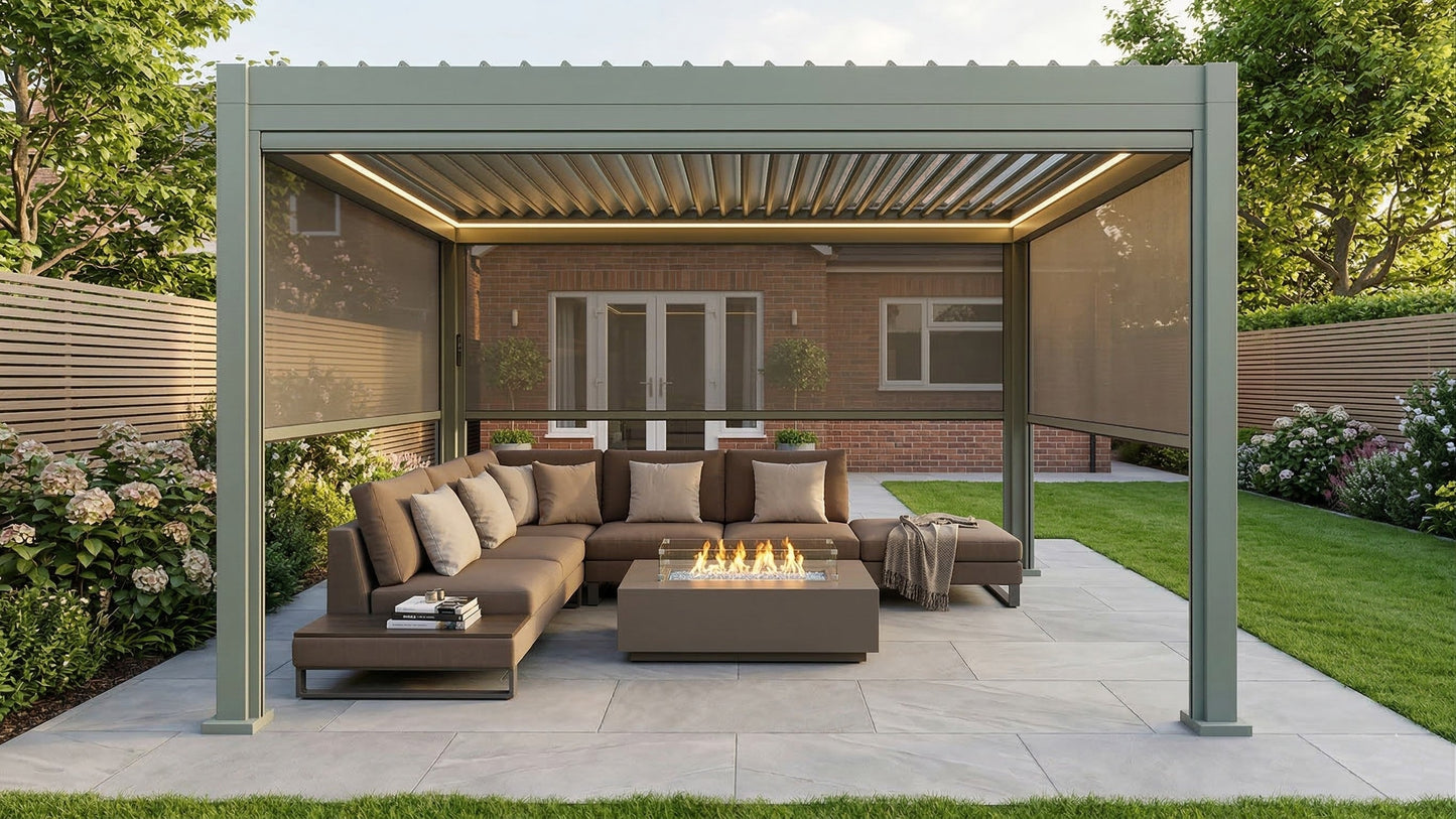 LuxShade™ 3×4m Pebble Aluminium Pergola with LEDs, Double-Layered Roof & 3 Blinds