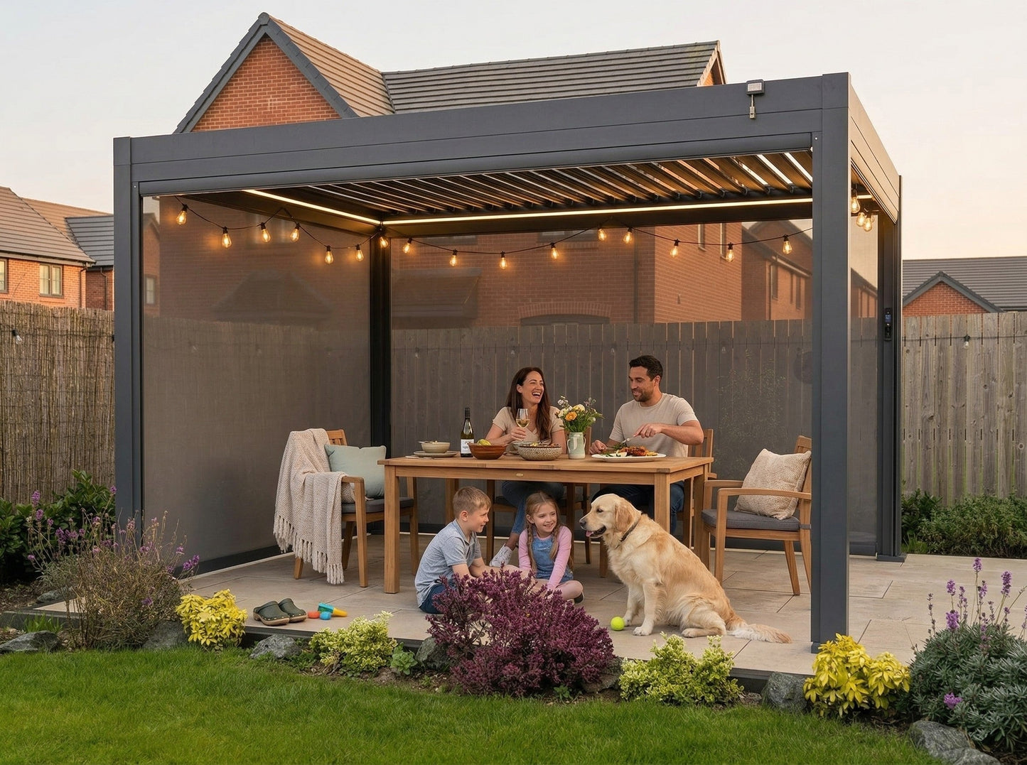 LuxShade™ 3×4m Aluminium Pergola with LEDs, Double-Layered Louvred Roof & 3 Blinds