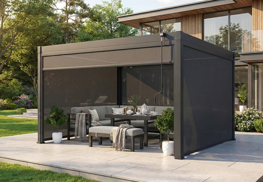 LuxShade™ 4×4m Aluminium Pergola with LEDs, Double-Layered Louvred Roof & 3 Blinds