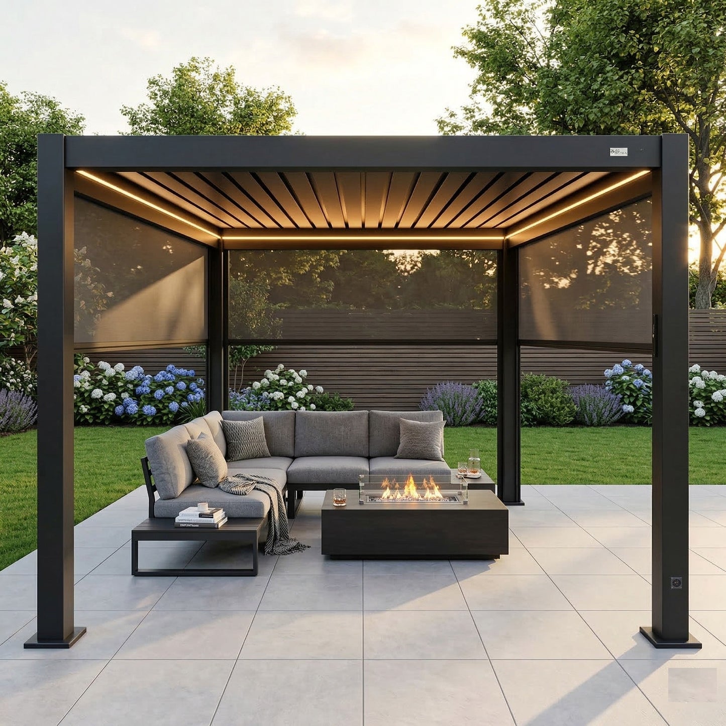 MotaShade™ 3×3m Motorised Aluminium Pergola – Double‑Layer Louvers, LEDs & 3 Windscreens