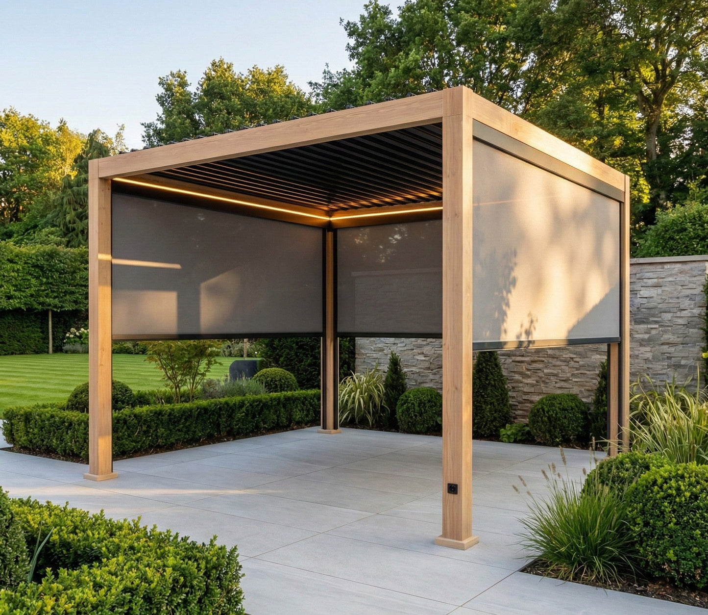 LuxShade™ 3×3m Oak Effect Aluminium Pergola LEDs, Double-Layered Louvred Roof