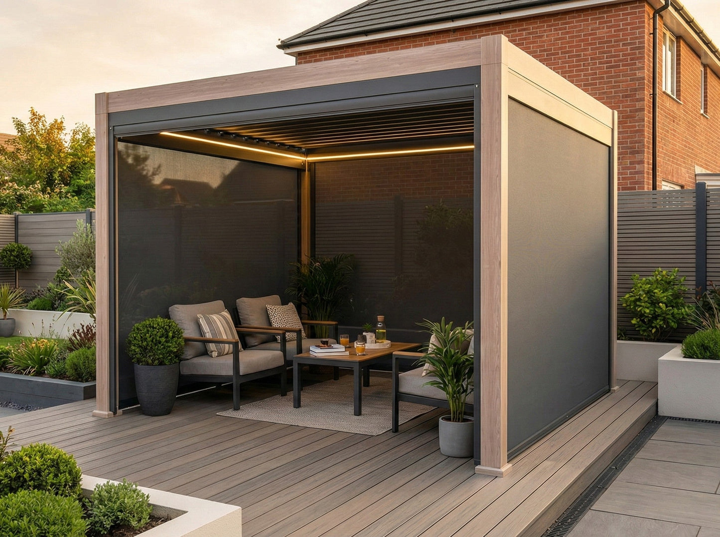 LuxShade™ 3×3m Oak Effect Aluminium Pergola LEDs, Double-Layered Louvred Roof