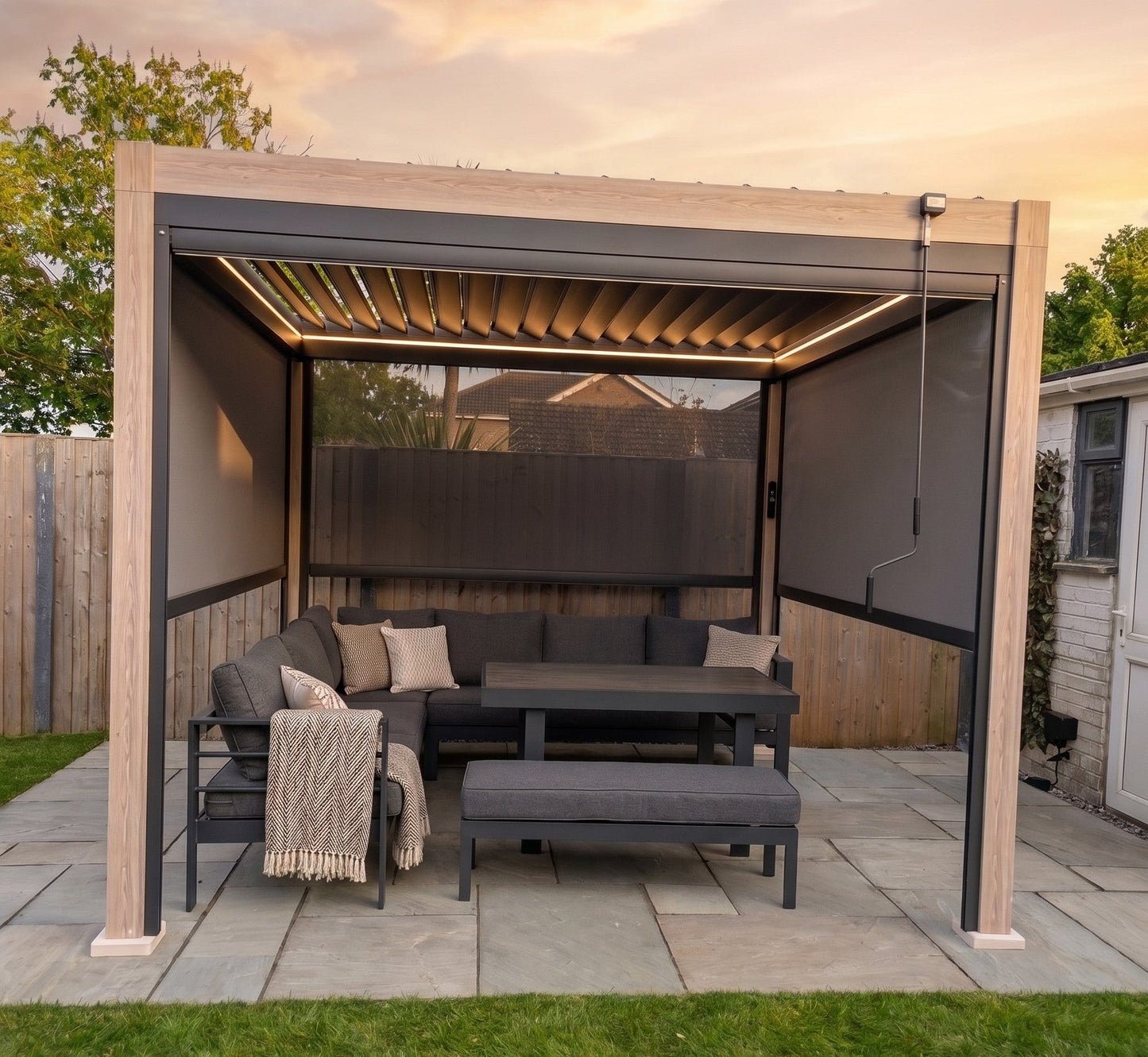 LuxShade™ 3×3m Aluminium Pergola – LEDs, Double-Layer Louvres & 3 Windscreens - Oak Effect