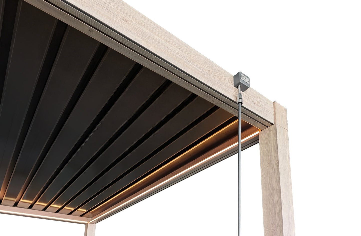 LuxShade™ 3×4m Aluminium Pergola – LEDs, Double-Layer Louvres & 3 Windscreens - Oak Effect